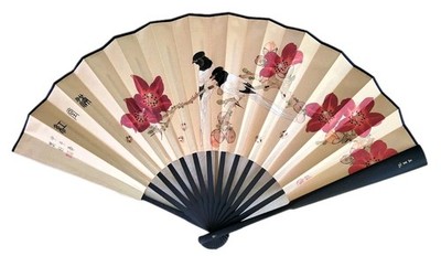 Asian-Style Hand-Painted Floral Folding Fan 13''L 23''W New In Box W/Sleeve, Stand