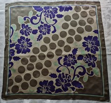 SCARF ITALY VINTAGE AUTHENTIC POLKA DOT BLUE FLOWERS SATIN SILK 34'' SQUARE