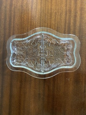 Vtg  Clear Glass TrayW/Floral Design 2 Section Glass Condiment Serving Bowl/Dish