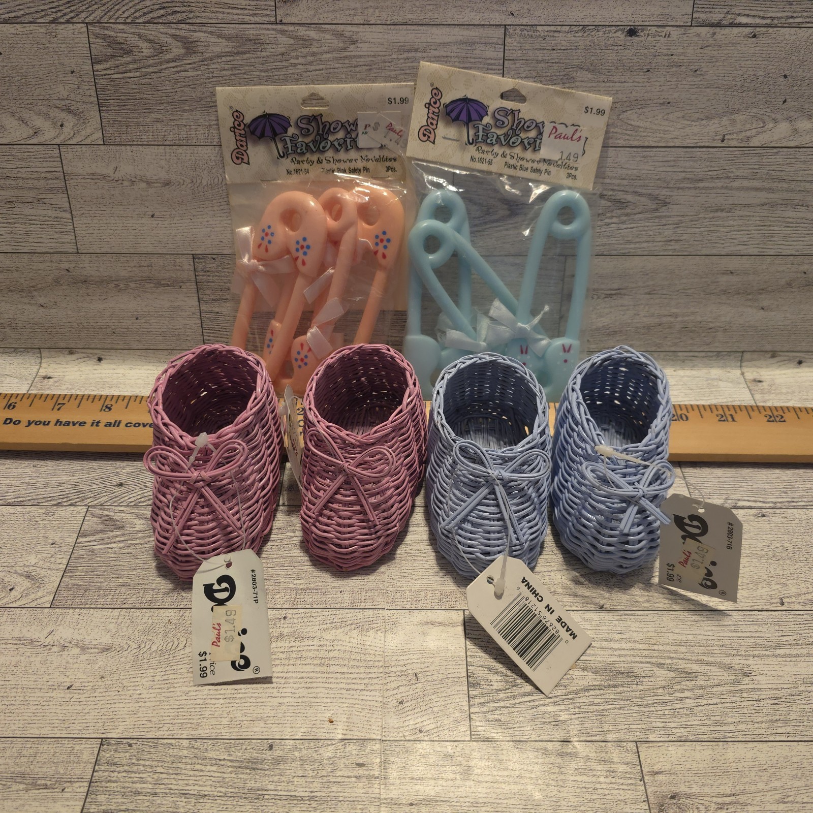 Vintage Baby Shower Decor Plastic Diaper Pins Wicker Baby Shoes