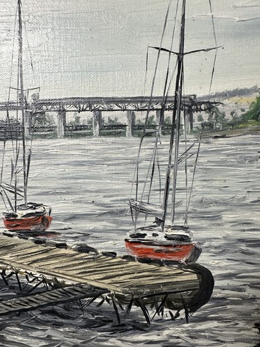 Grande huile sur toile signée : voiliers amarrés au ponton Ecole Française XIXe - Photo 6/15