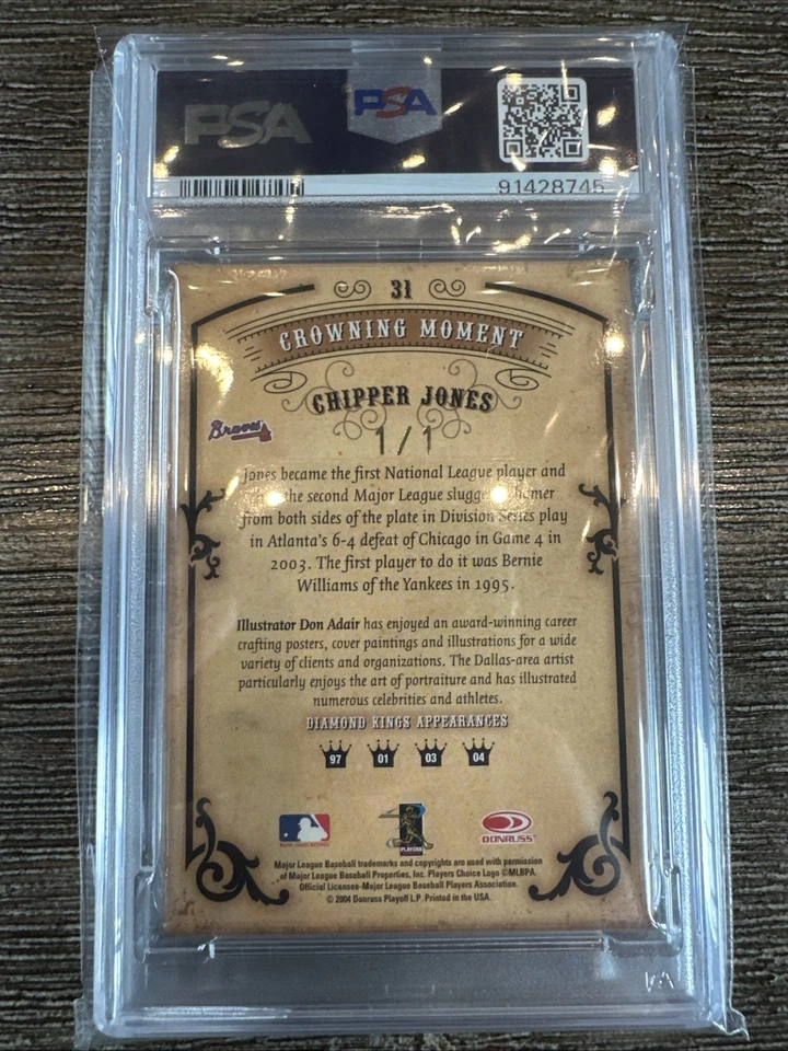 Chipper Jones 1/1 2004 Donruss Diamond Kings oro automático uno de uno raro PSA 9 Foto 4 de 4