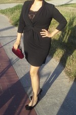 Women’s Black V-Neck 3/4 Sleeve Knee Pencil Dress 14 Zip Tie-Front Lined