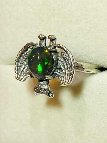 925 Sterling Silver Bigger Natural Rainbow Black Opal Bat Unisex Ring - Picture 3 of 14