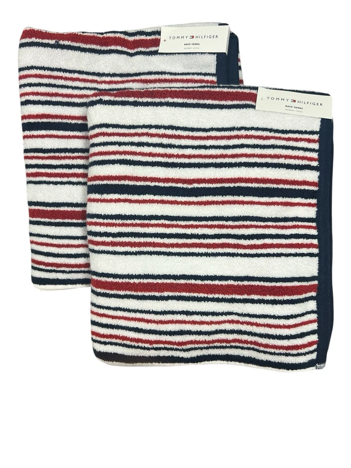 Tommy Hilfiger Juego de Toallas de 8 - 2 Baños, 2 Manos, 4 Lavados Rayas Rojo, Blanco, Azul Marino Foto 2 de 4