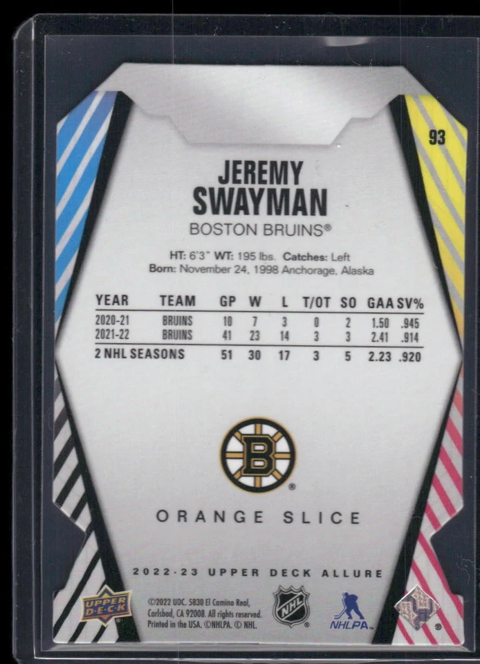 2022-23 Upper Deck Allure #93 Jeremy Swayman Orange Slice - Image 2 of 2