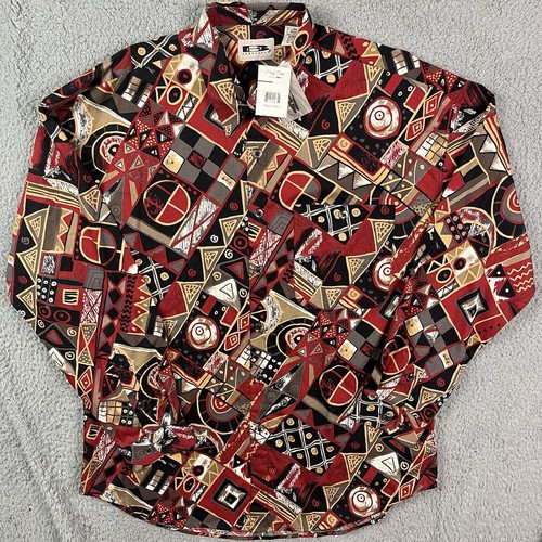 VTG JT Beckett Multicolor Geometric Aztec Short Sleeve Button Up Shirt Red Sz L