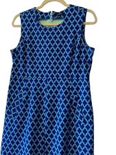 Lands End Womens Sun Dress Blue Geometric Sheath Pockets Zipper 12 Petite Scuba