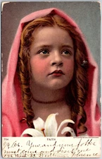Faith Young Girl Curly Hair White Orchid Covered Pink, 1906 Art Vintage Postcard