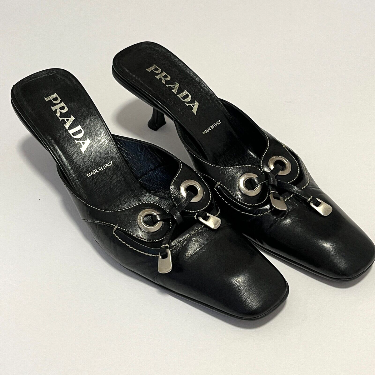 Vintage PRADA Square Toe Logo Pumps Kitten Heels Sandals 39 Vintage PRADA Square Toe Logo Pumps Kitten Heels Sandals 39