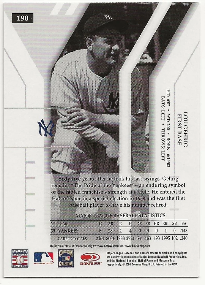 2004 Donruss Elite Lou Gehrig /1000 #190 - Image 2 of 2