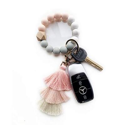 Silicone Key Ring Bracelet, KeyChains for Women,Car Keychain Beaded Baby Pink