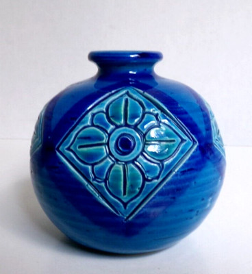 Vintage Flavia Montelupo Handmade Blue Ball Pottery Vase 1960s Italy 3.5'' Height