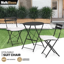 3 Piece Foldable Bistro Table Chairs Set Metal Garden Furniture Black w/Cushion