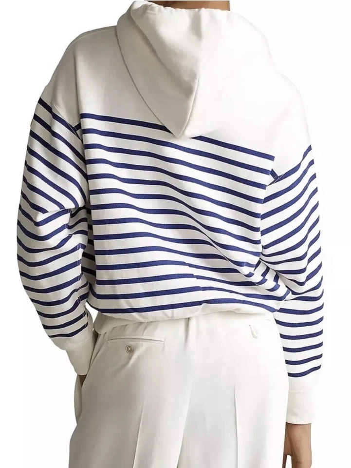 Nuevo con etiquetas Polo Ralph Lauren Sudadera con capucha polar de gran tamaño con cordones Blanco Azul a rayas $268 XS/S Foto 2 de 4