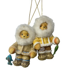 Enesco Cherished Teddies Eskimos With Fish 1999  2000 Christmas Ornaments