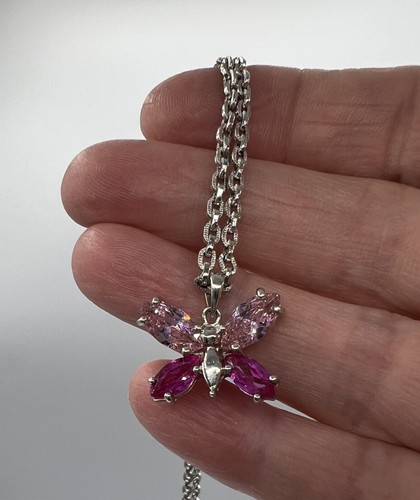 Sterling Silver Cubic Zirconia Butterfly Pendant Necklace, 23” Unique Chain - Picture 8 of 9