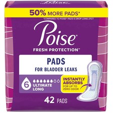 Poise Incontinence Pads for Women 6 Drop Ultimate Absorbency, Long Length, 42 CT
