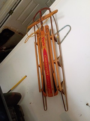 Paris Champion Wooden Snow Sled w/ Metal Runners & Pull Rope Brown/Red