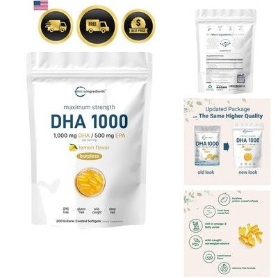 Omega 3 Fish Oil DHA Supplements 1000mg with EPA 500mg, 200 Softgels   Lemon ...