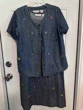 Vtg Lemon Grass Ladies Denim Retro Y2K Maxi Dress Embroidered W/Jacket Sz S/M