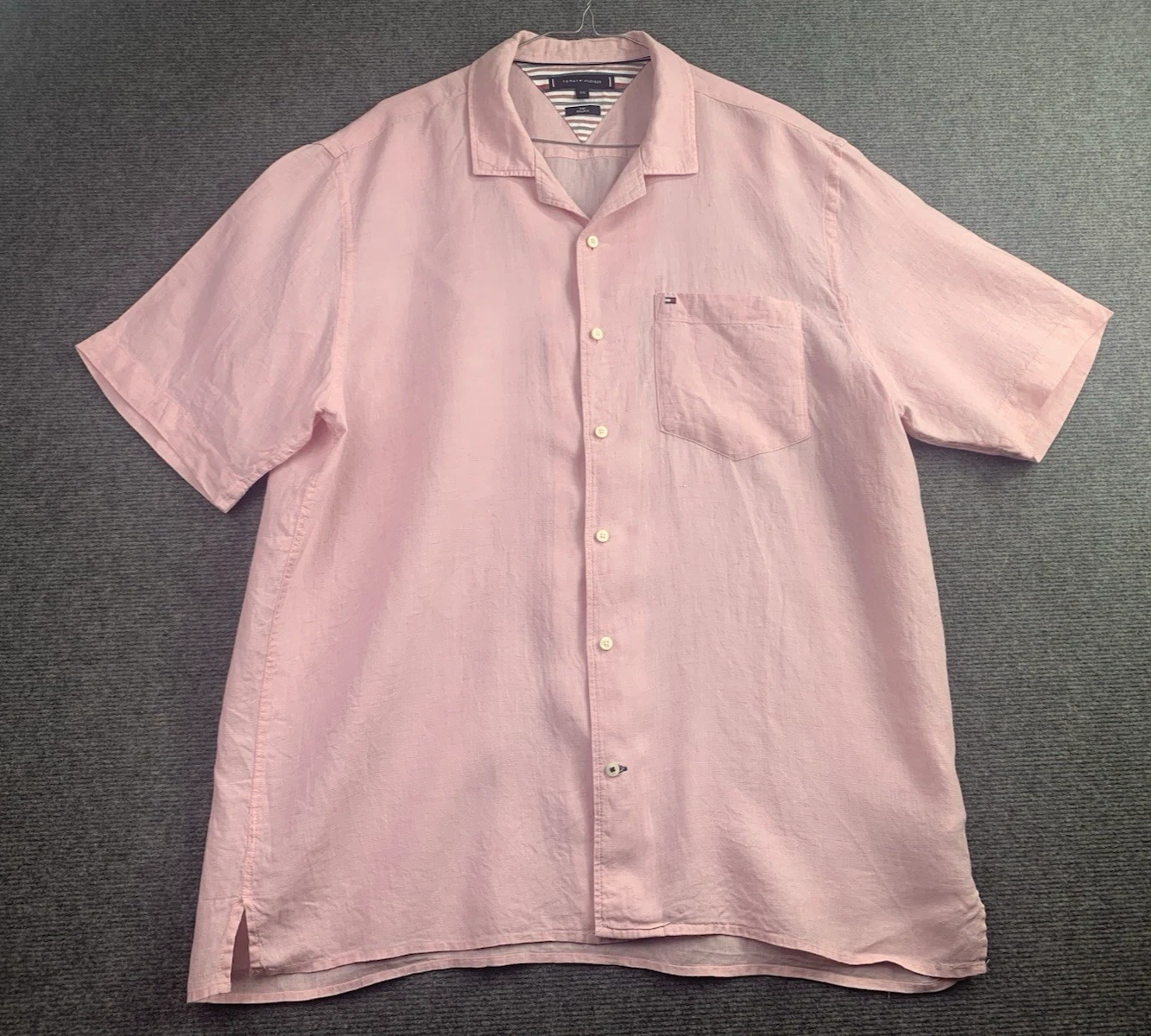 Tommy Hilfiger Shirt Mens 2XL Pink Linen Regular Fit Short Sleeve Button Up