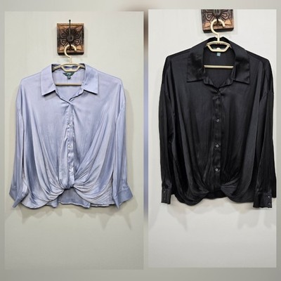 Terra & Sky Blouse 2-Piece Plus Size 1X Draped Twist-Front Satin Ice Blue Black