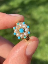 18ct Gold Georgian Natural Turquoise & Pearl Incredible Cluster Ring 3.7 Grams