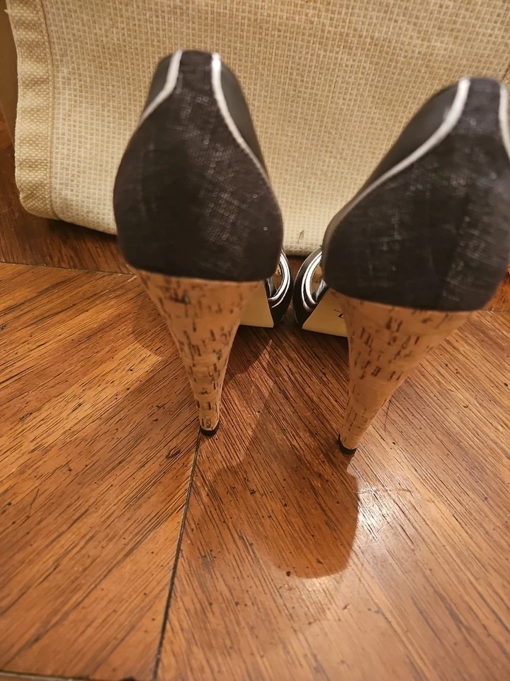 JENNIFER LOPEZ JLO Marrón Dorado Cuero Lino Suela de Corcho Tacones Altos TALLA 7.5 M Foto 3 de 4