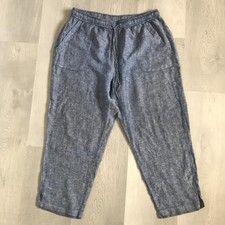 ANDREA JOVINE WOMEN PANT Large Linen Blue Chambray Elastic Waist Drawstring Belt