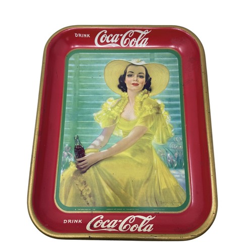 Vintage 1938 Coca-Cola Red And Gold Metal Tray Lady In Yellow Dress