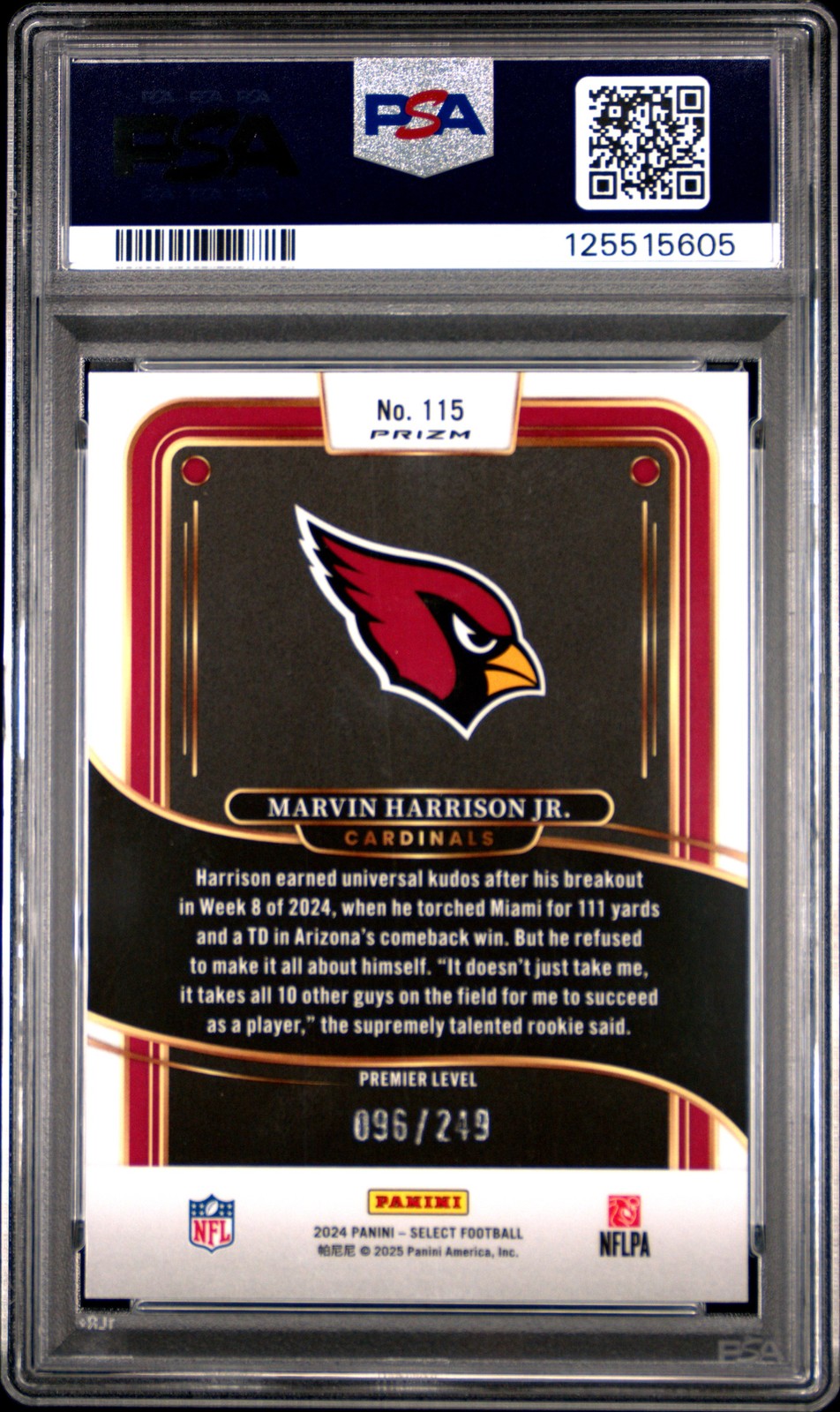 2024 PANINI SELECT TRI-COLOR PRIZM #115 MARVIN HARRISON JR. ROOKIE 96/249 PSA 9 view 2