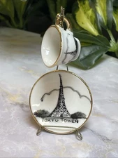 Vintage, Hand Painted, Tokyo Tower, Miniature Tea Set, Souvenir With Stand.