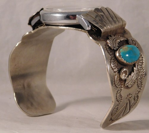 Navajo Native American Sterling Silver Turquoise Mens Watch Cuff Bracelet - Picture 6 of 21