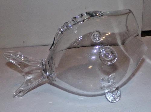 Vintage Blenko Style Hand Blown Clear Glass Open Mouth Fish Vase Bowl 7.5" x 12"