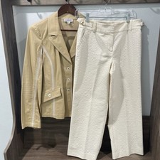 ST. JOHN Tan Beige Suit Blazer Jacket M Pant Marie Gray Stripes Size 6 Luxury