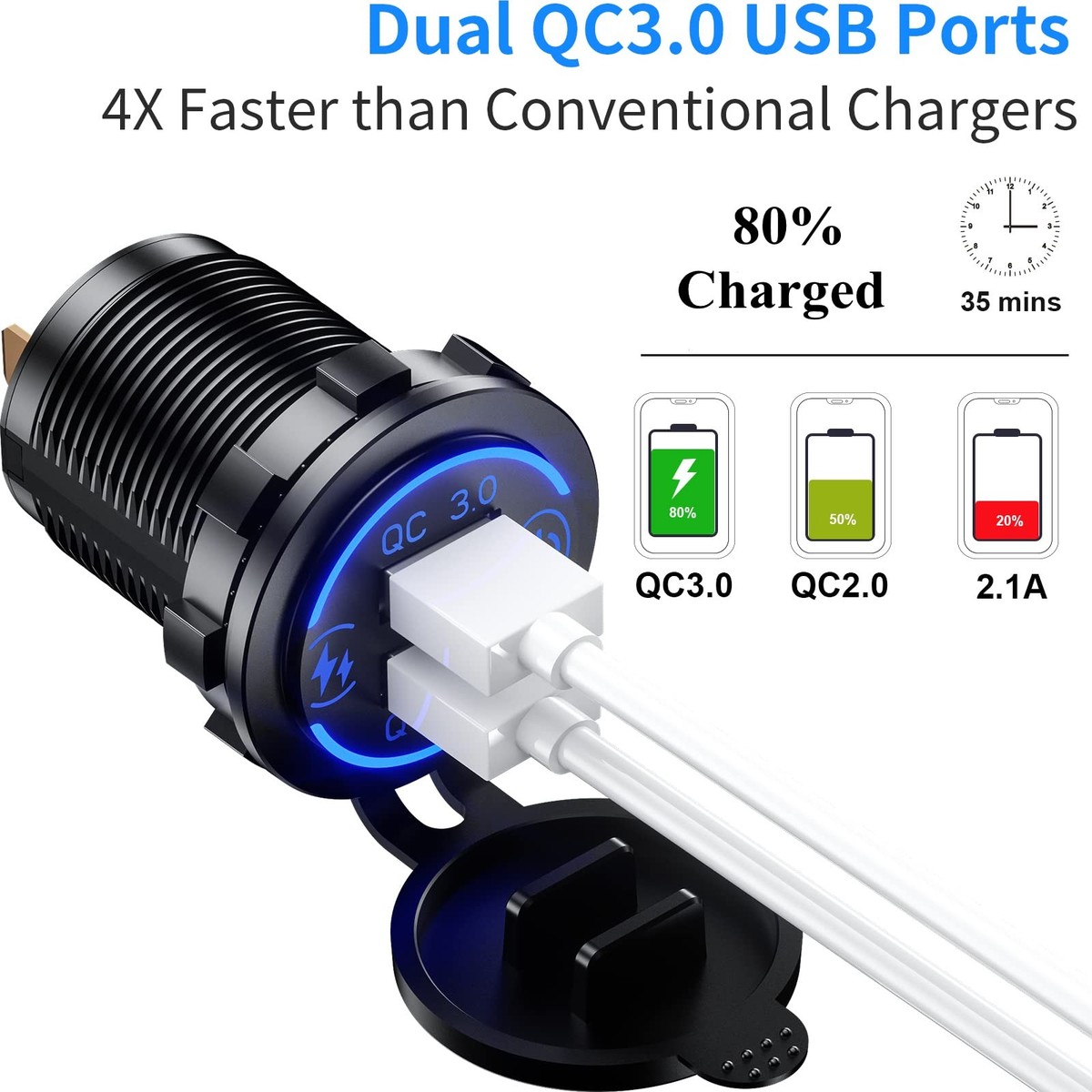 Chargeur USB 12V QC 3.0 Double Port Aluminium Waterproof Avec Voltmètre