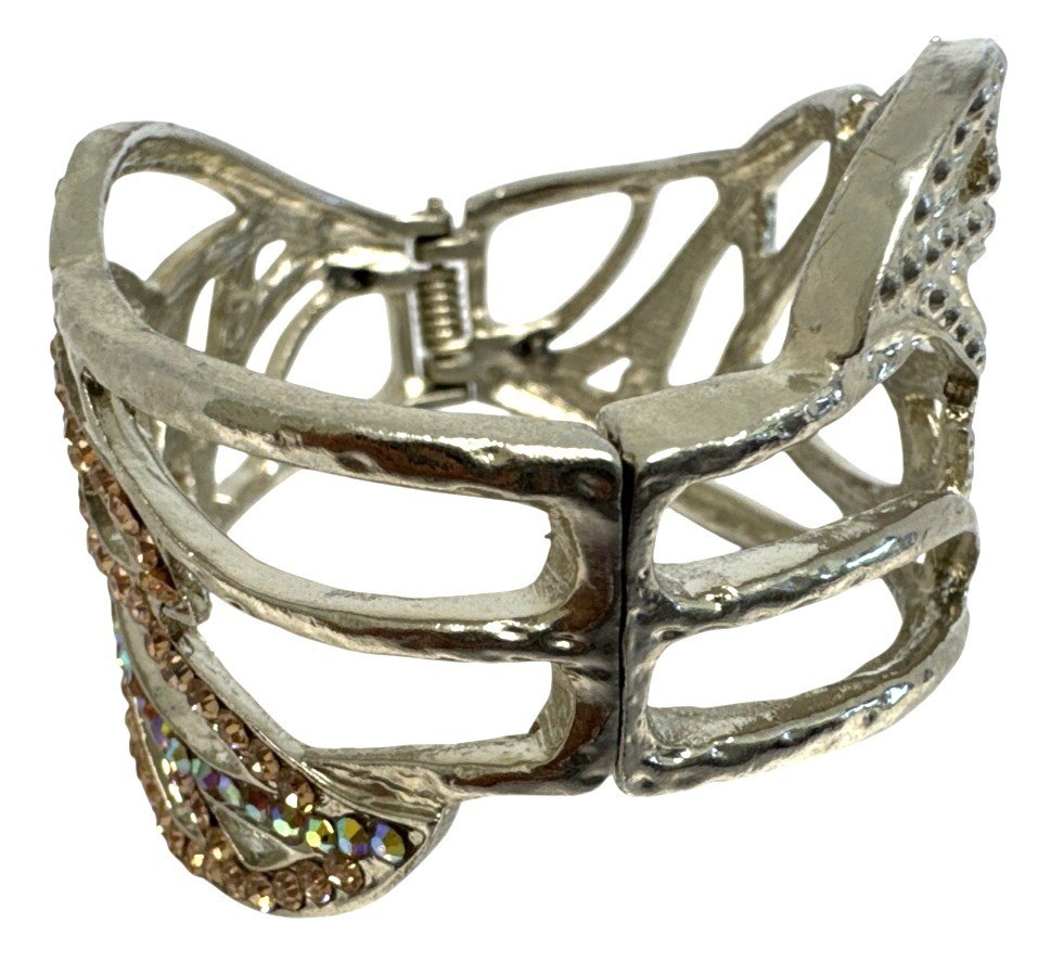 Silvertone Rhinestone Leaf Design Hinged Bracelet… - image 3