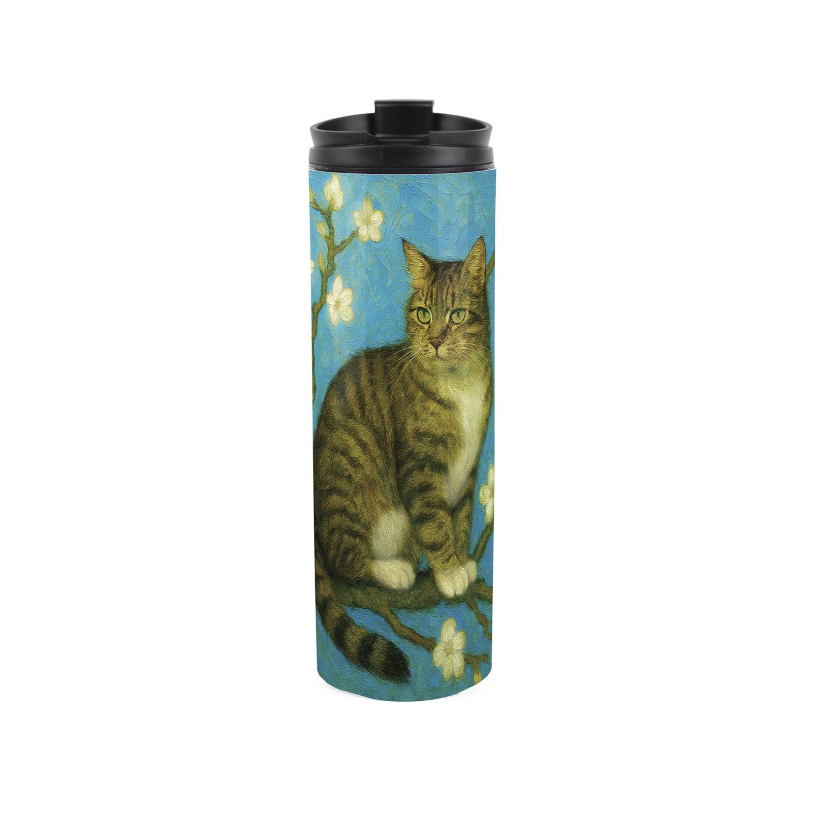 Van Gogh Almond Blossoms Tabby Cat Travel Flask - Gifts for Cat Lovers