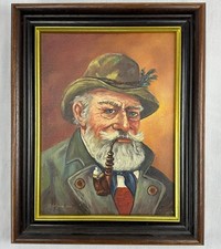 Kleines Öl- oder Acrylgemälde von J. Schwager, "Mann mit Pfeife" im Rahmen