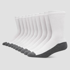 Hanes Premium Men's Crew Socks 10pk - White 6-12: Cushioned Sole Reinforced Heel