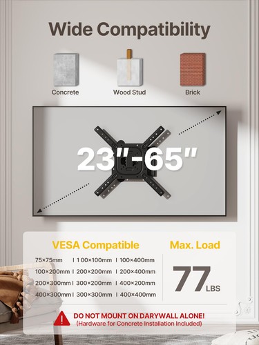 Full Motion TV Wall Mount for 23–65 Inch Flat & Curved TVs and Monitors, Swiv... - Picture 2 of 9