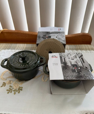 2 NEW Staub Stoneware  Mini Cocotte in Basil (dark green) NIBS