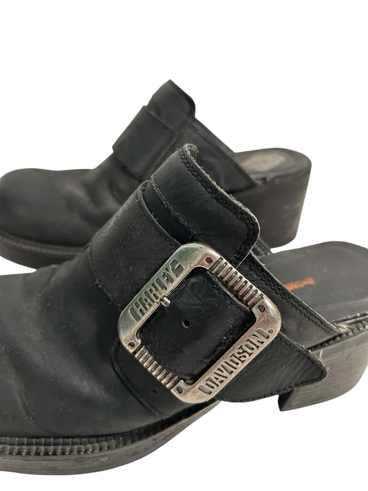 Harley Davidson Clogs 9 Black Leather Buckle Mules Chunky Heel Festival READ - Image 4 of 4