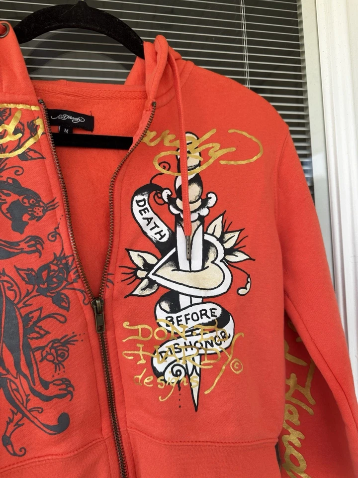 Sudadera con capucha recortada Y2K Ed Hardy Tiger Dagger para mujer M naranja Death Before Dishonor Foto 4 de 4
