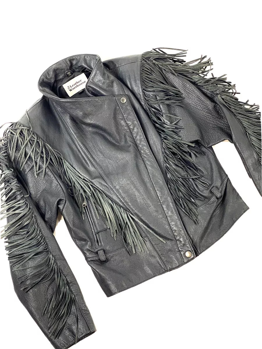 Vintage 90s Y2K Leather Jacket Moto Biker Fringe Black Grunge