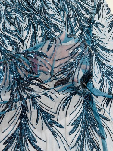 Leaf Stretch Sequins Fabric - Teal - 4 Way Stretch Lace Mesh Fabric By Yard - Picture 5 of 6