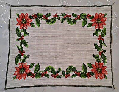 VINTAGE CHRISTMAS POINSETTIAS BEIGE LINEN BLEND COASTER PLACEMATE DOILY