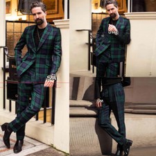 Scotland Plaid Men's Suits Green Check Slim Fit Business 2 Pieces Casual Tuxedos