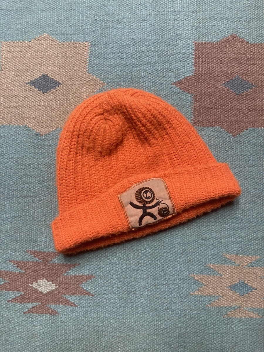 Vintage acrylic knit beanie hi vis blaze orange gear head patch